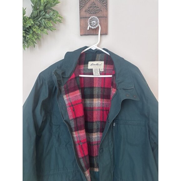 Vintage Eddie Bauer Mens Size L Green Chore Barn Coat Flannel Lined - Picture 3 of 6